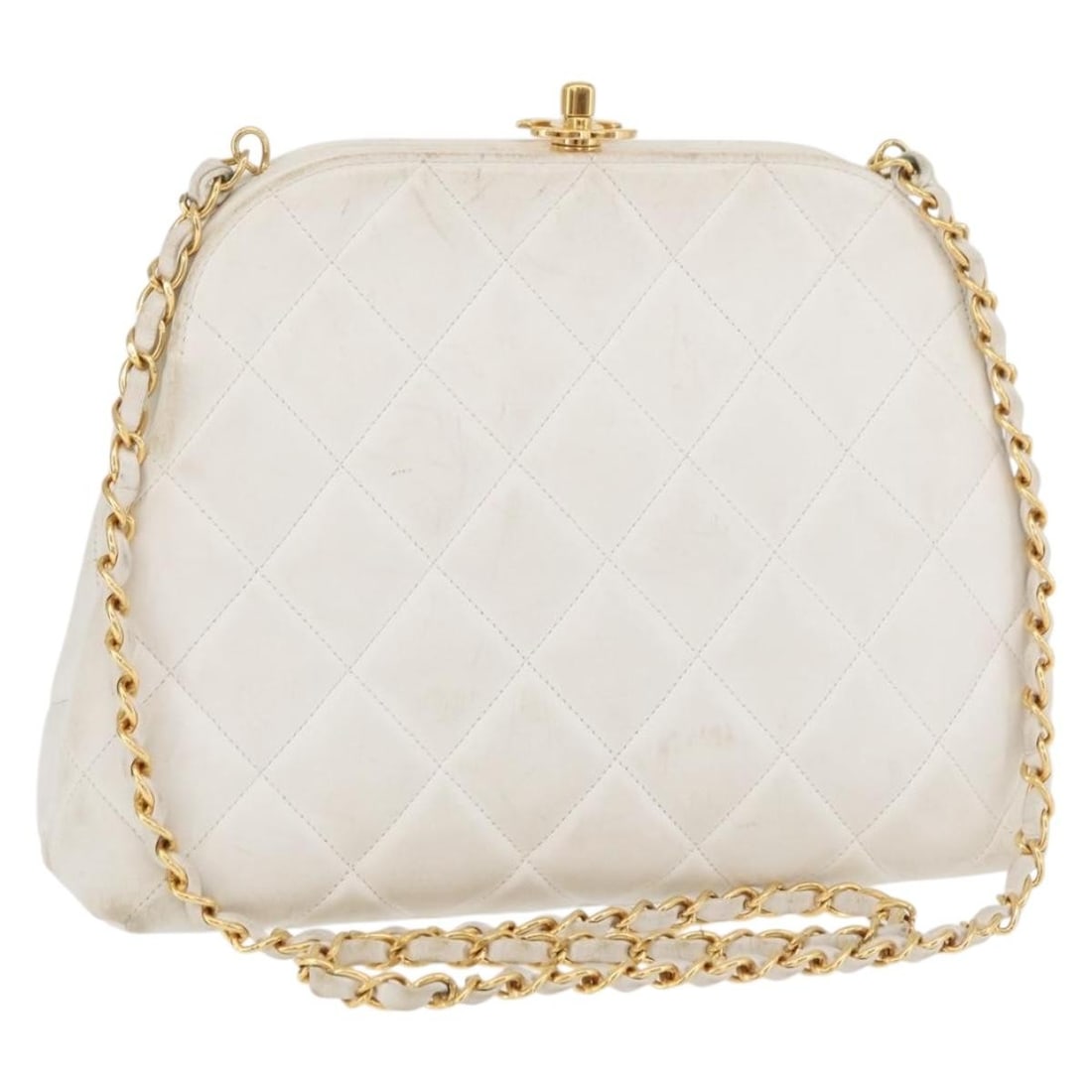 CHANEL Matelasse Lamb Skin Shoulder Bag White Gold Tone CC: CHANEL Matelasse Lamb Skin Shoulder Bag White Gold Tone CC A CHANEL Matelasse chain shoulder bag in lamb skin with a white and gold color combination. Made in France, this women's shoulder bag feature