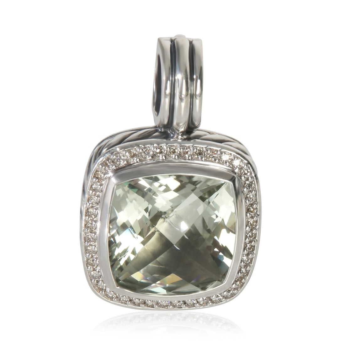 David Yurman Albion Prasiolite Diamond Sterling Silver Pendant: David Yurman Albion Prasiolite Diamond Sterling Silver Pendant This pre-owned David Yurman Albion pendant features a round brilliant prasiolite as the main stone, accented by diamonds with a total wei