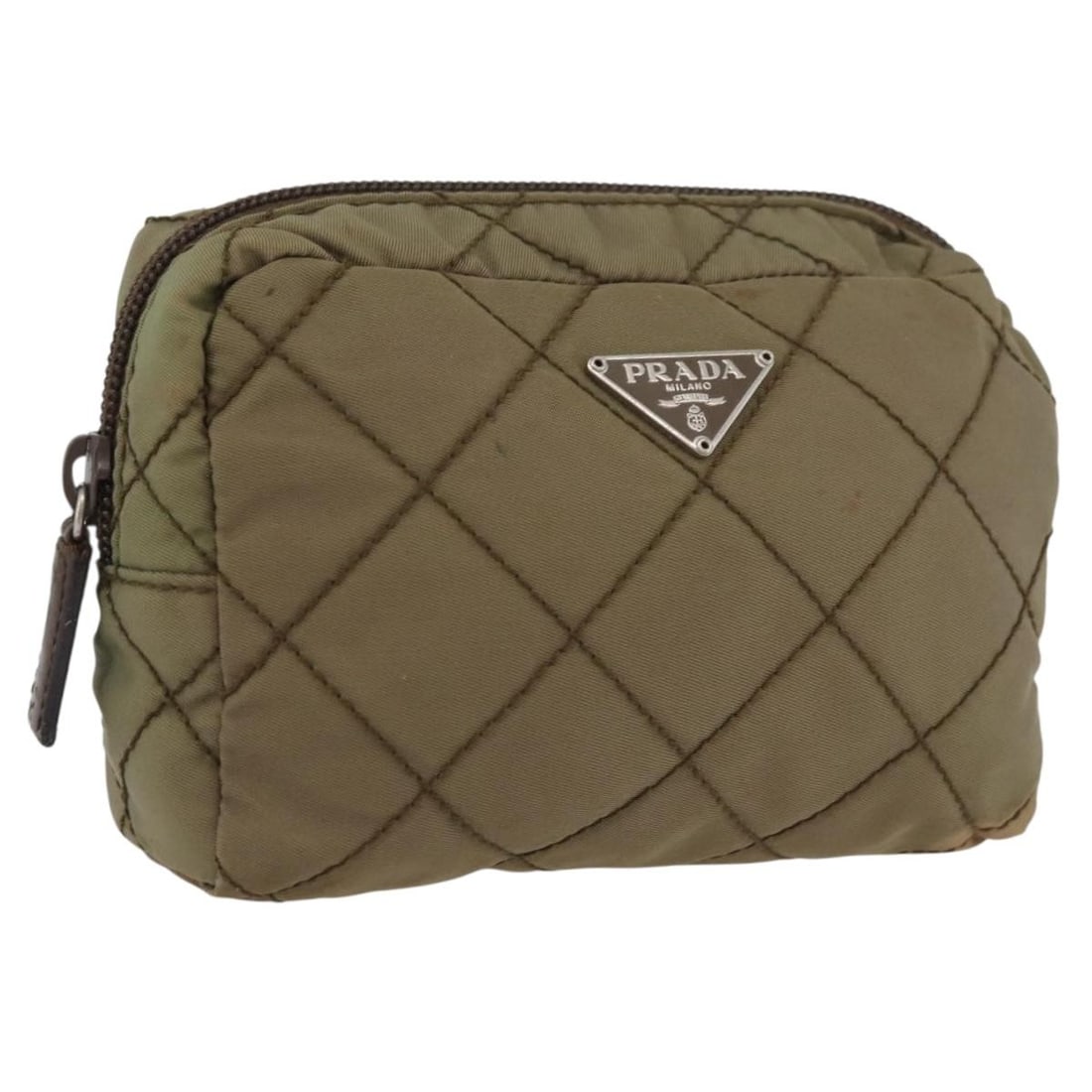 Khaki Nylon Pouch by Prada for Women Made in Italy: Khaki Nylon Pouch by Prada for Women Made in Italy This PRADA pouch is crafted from khaki nylon and features a compact and practical design. Made in Italy, it is designed for women and is suitable for