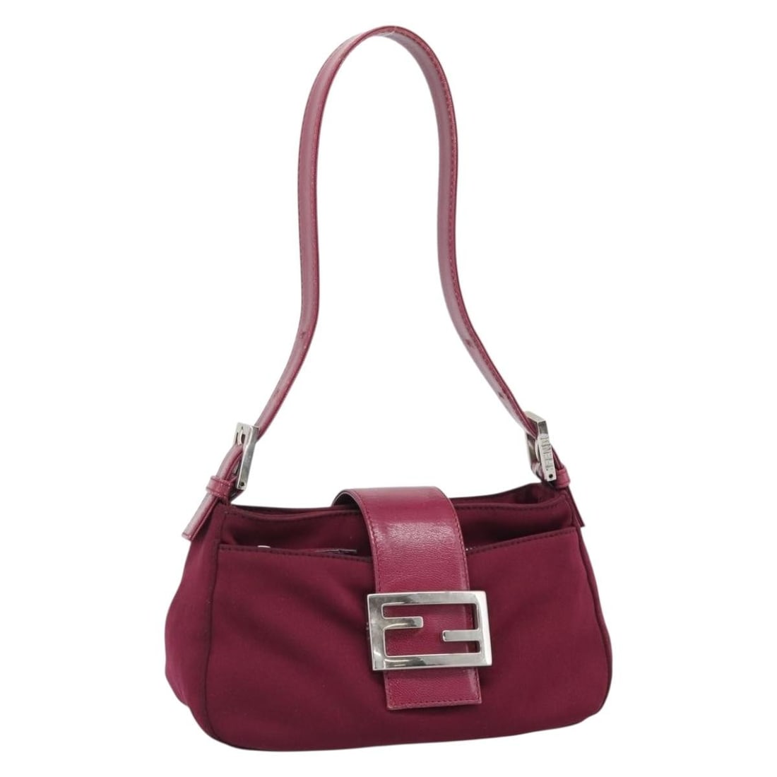 Fendi Mamma Baguette Cotton Shoulder Bag Wine Red Silver Tone: Fendi Mamma Baguette Cotton Shoulder Bag Wine Red Silver Tone Fendi Mamma Baguette shoulder bag in wine red and silver, made from cotton and crafted in Italy. The bag measures approximately W20 x H11 