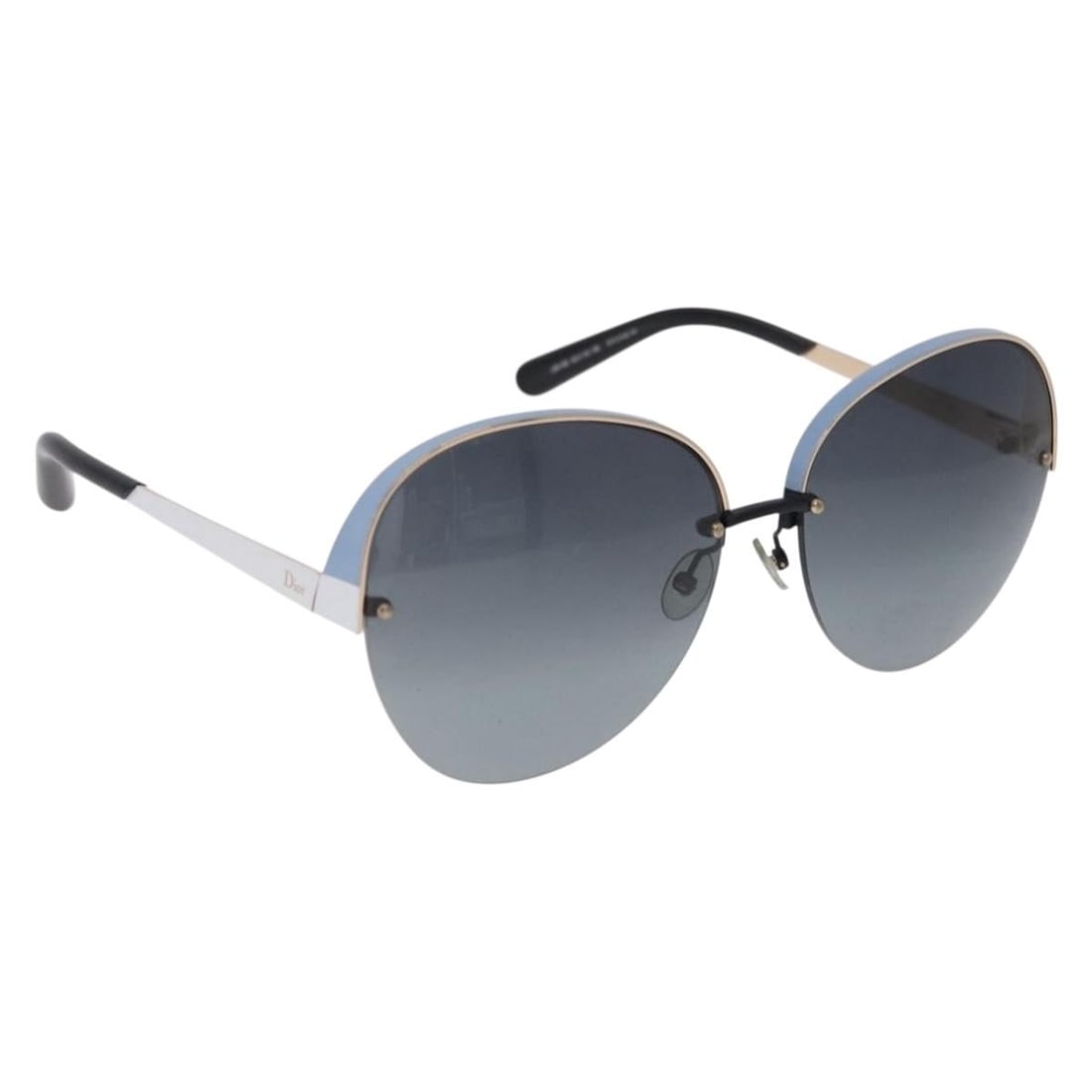 Metal Sunglasses Christian Dior Light Blue Black with Case: Metal Sunglasses Christian Dior Light Blue Black with Case Christian Dior sunglasses in light blue and black metal, made in Italy. The listing includes a sunglass case. Condition shows surface rubbing