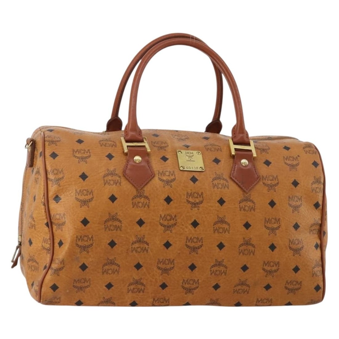 MCM Leather Boston Bag Brown with Gold Tone Hardware: MCM Leather Boston Bag Brown with Gold Tone Hardware Brown and gold leather Boston bag in a heavily used condition. The item shows out-of-shape wear, rubbing, slight stains, handle deformation and scr