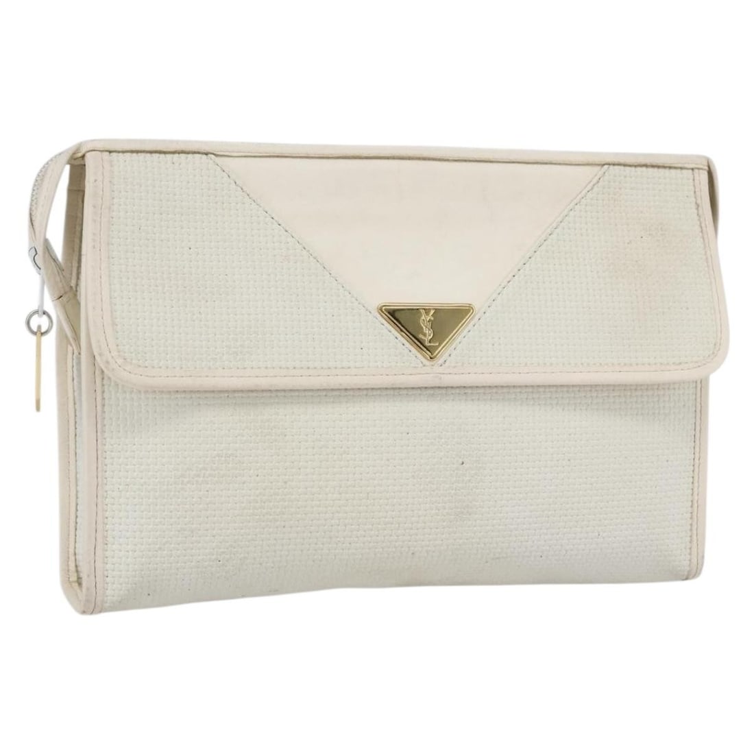 White and Gold Coated Canvas Saint Laurent Clutch Bag: White and Gold Coated Canvas Saint Laurent Clutch Bag This SAINT LAURENT clutch bag is crafted from white and gold coated canvas, offering a chic and stylish accessory for various occasions. The bag s