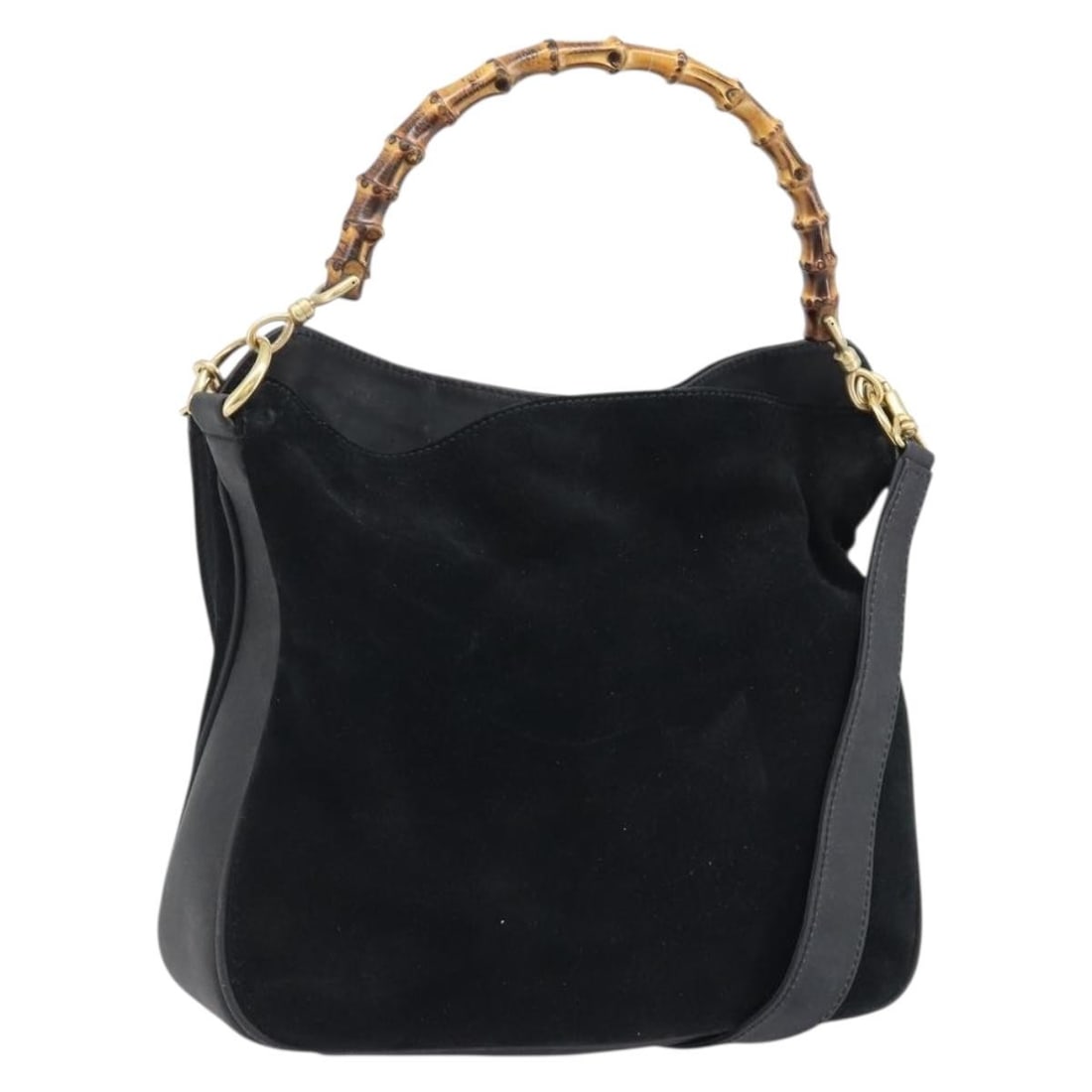 Gucci Bamboo Black Suede 2way Handbag with Gold Accents and Shoulder Strap: Gucci Bamboo Black Suede 2way Handbag with Gold Accents and Shoulder Strap This GUCCI Bamboo 2-way handbag features a black suede exterior accented with gold-tone elements. Designed for women, it can 