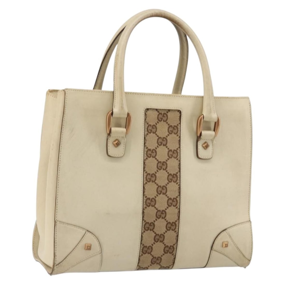 Gucci 120895 Beige GG Canvas and Leather Handbag: Gucci 120895 Beige GG Canvas and Leather Handbag Gucci handbag in beige GG canvas and leather with gold-tone exterior coloring. Made in Italy, this women's bag has a heavily used condition with visibl