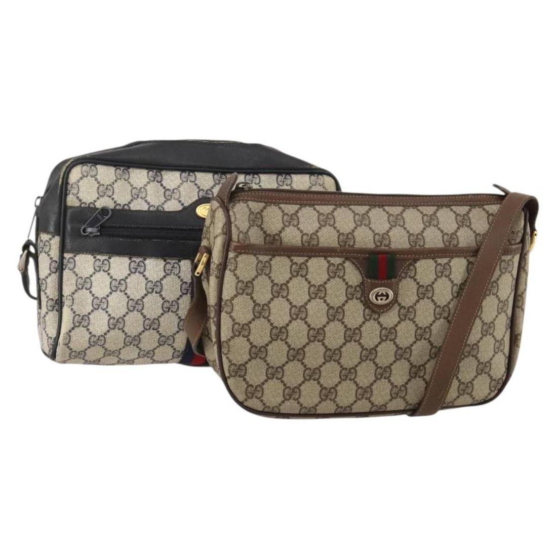 2 Piece Gucci Sherry Line GG Supreme Shoulder Bag Set Beige Navy: 2 Piece Gucci Sherry Line GG Supreme Shoulder Bag Set Beige Navy Gucci shoulder bag set in beige and navy PVC leather/GG canvas, made in Italy. The listing notes that there is no item box or dust bag,