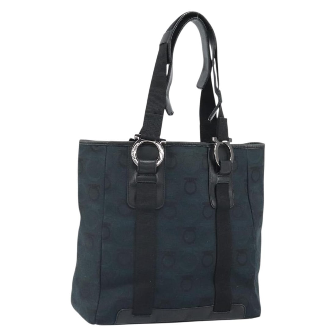 Salvatore Ferragamo Canvas Gancini Navy Silver Women's Tote Bag Italy: Salvatore Ferragamo Canvas Gancini Navy Silver Women's Tote Bag Italy This Salvatore Ferragamo Gancini tote bag features a navy and silver canvas exterior with silver-tone accents. Designed for women,