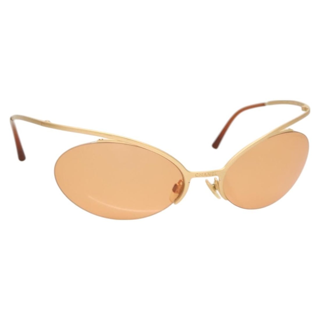 CHANEL Orange Metal Sunglasses with CC Logo Italy: CHANEL Orange Metal Sunglasses with CC Logo Italy CHANEL women's sunglasses in orange metal, made in Italy. The item comes with the original box and sunglass case. Condition is heavily used, with surf