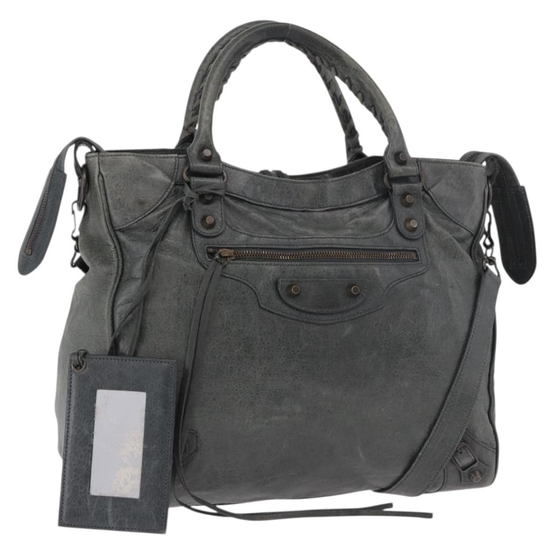 Balenciaga 235216 Vero Gray Leather 2way Handbag with Strap Mirror: Balenciaga 235216 Vero Gray Leather 2way Handbag with Strap Mirror Balenciaga Vero 2way hand bag in gray leather, made in Italy. It includes a shoulder strap and mirror. The bag is heavily used and sh