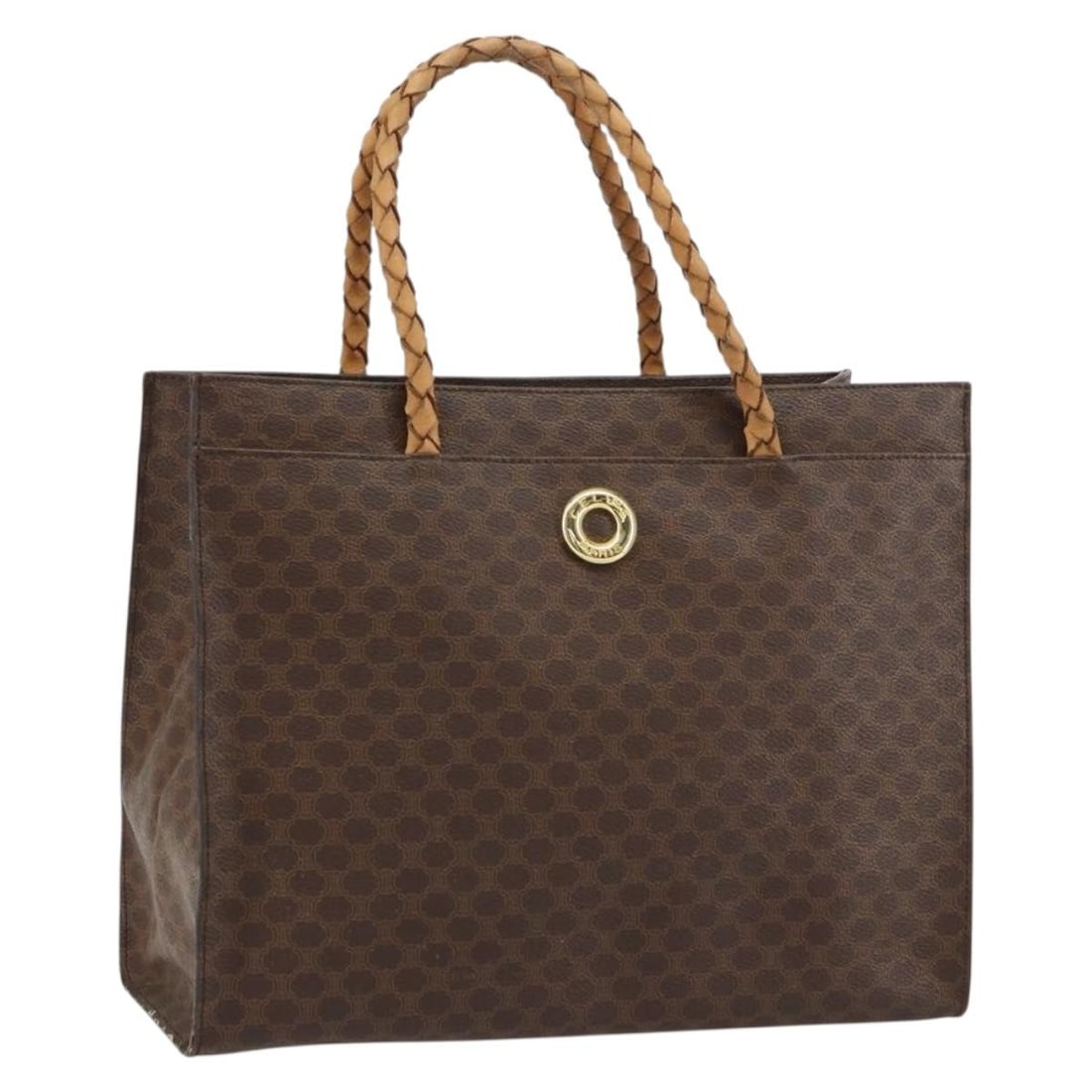 Celine Macadam Brown PVC Leather Handbag with Gold Tone Details: Celine Macadam Brown PVC Leather Handbag with Gold Tone Details This CELINE Macadam Canvas hand bag features a brown and gold color scheme with PVC leather and the signature Macadam canvas. Made in It