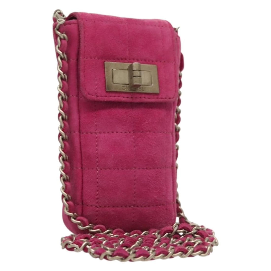 Pink Suede Shoulder Bag Chanel Choco Bar Chain CC: Pink Suede Shoulder Bag Chanel Choco Bar Chain CC A CHANEL Choco Bar chain shoulder bag in pink suede, made in Italy. The bag measures approximately W7 cm x H14 cm x D3 cm, with a shoulder drop of app