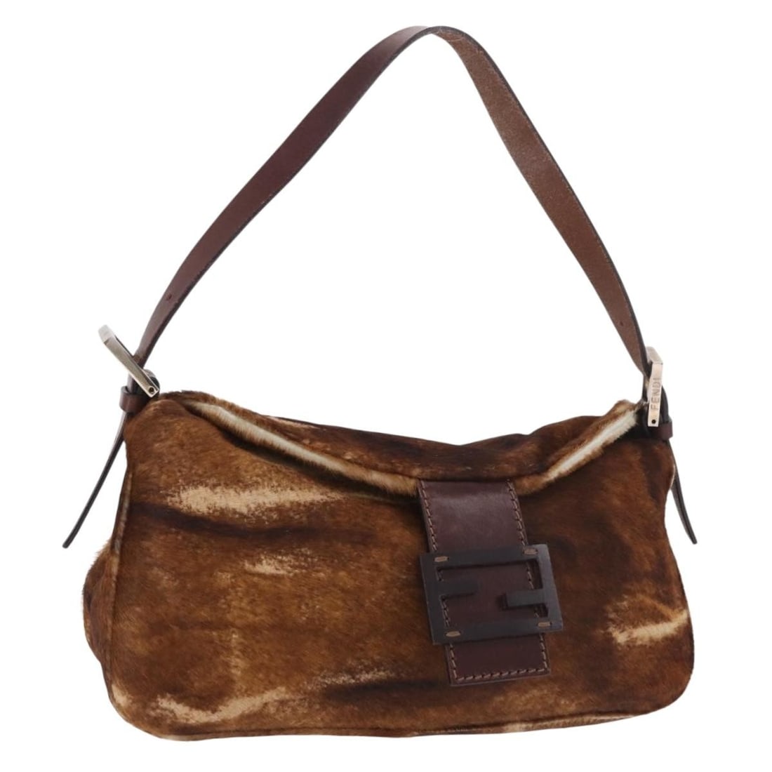 Fendi Mamma Baguette Brown Unborn Calf Skin Shoulder Bag Silver Tone: Fendi Mamma Baguette Brown Unborn Calf Skin Shoulder Bag Silver Tone Fendi Mamma Baguette shoulder bag in brown and silver, made from unborn calf skin. This item is a heavily used shoulder bag made in