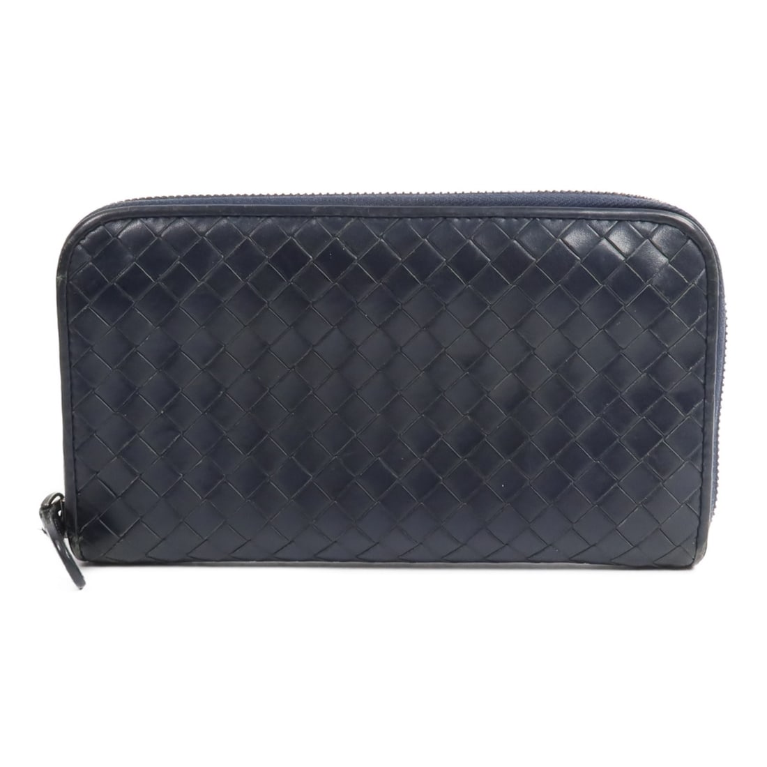 Bottega Veneta Calfskin Zip Around Long Wallet in Navy: Bottega Veneta Calfskin Zip Around Long Wallet in Navy Bottega Veneta BV zipper long wallet in navy and dark blue calfskin leather. It features a zip-around closure, two wallet compartments, eight car