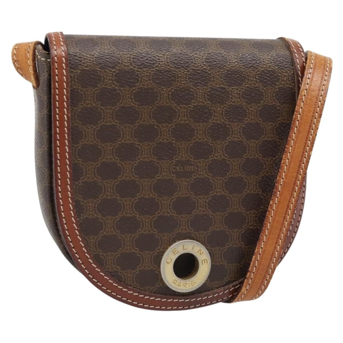 CELINE Macadam Circle Shoulder Bag Brown PVC Leather: CELINE Macadam Circle Shoulder Bag Brown PVC Leather CELINE Macadam Canvas Circle Shoulder Bag in brown and gold, made in Italy from PVC leather and Macadam canvas. This women's shoulder bag measures 