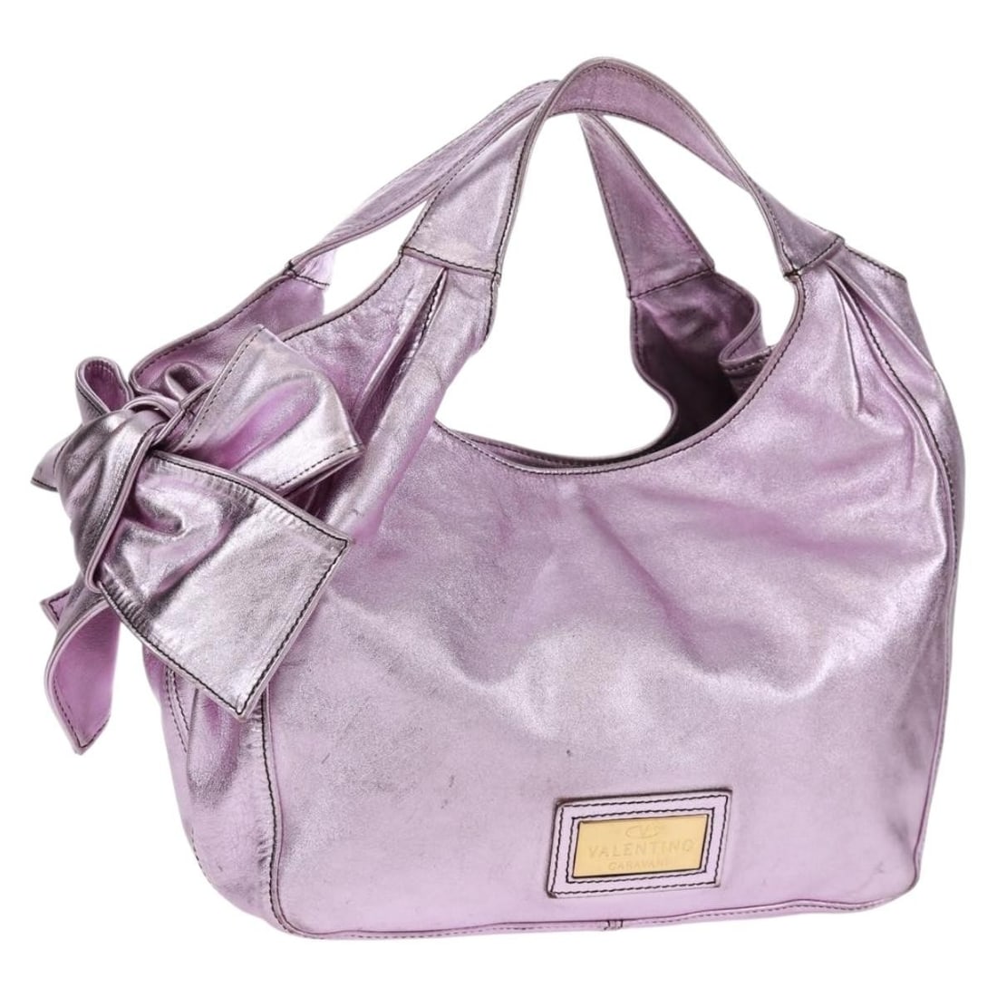 Valentino Pink and Gold Leather Handbag with Dust Bag Italy: Valentino Pink and Gold Leather Handbag with Dust Bag Italy This Valentino handbag is crafted from pink leather with gold-tone accents. The bag features a structured silhouette with dual handles, and 