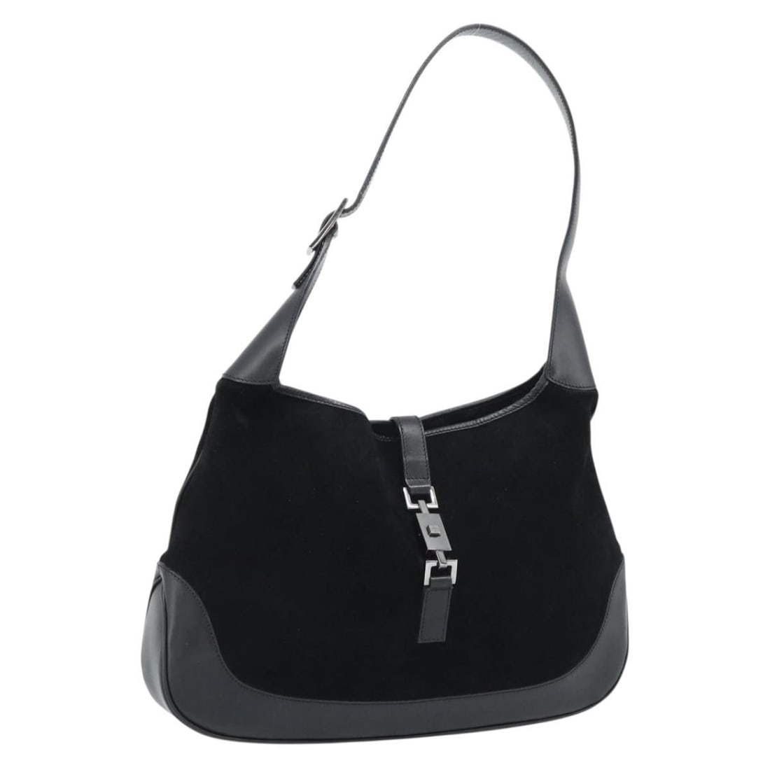 Gucci 001 3346 Jackie Black Suede Handbag Silver Tone: Gucci 001 3346 Jackie Black Suede Handbag Silver Tone This Gucci Jackie hand bag is crafted in black suede with silver-tone exterior details and was made in Italy. It features a handle drop of approxi
