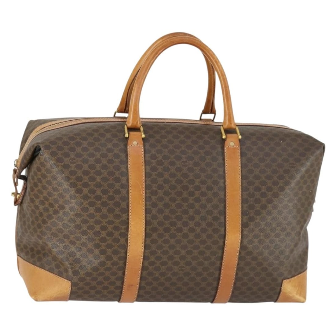 Celine Macadam Canvas Boston Bag Brown PVC Leather Gold Accents: Celine Macadam Canvas Boston Bag Brown PVC Leather Gold Accents This is a CELINE Boston Bag crafted from the brand's signature Macadam canvas and PVC leather in brown and gold tones. The bag features 