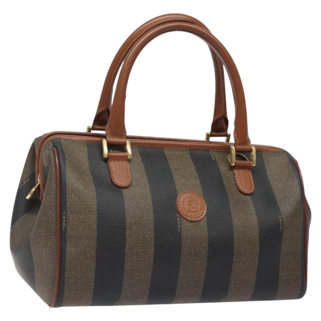 FENDI Pequin Canvas Hand Bag Brown Black Gold Italy: FENDI Pequin Canvas Hand Bag Brown Black Gold Italy Fendi women's hand bag made from Pequin Canvas in brown, black, and gold. It was made in Italy and measures approximately 11.0 x 5.5 x 4.7 inches, w