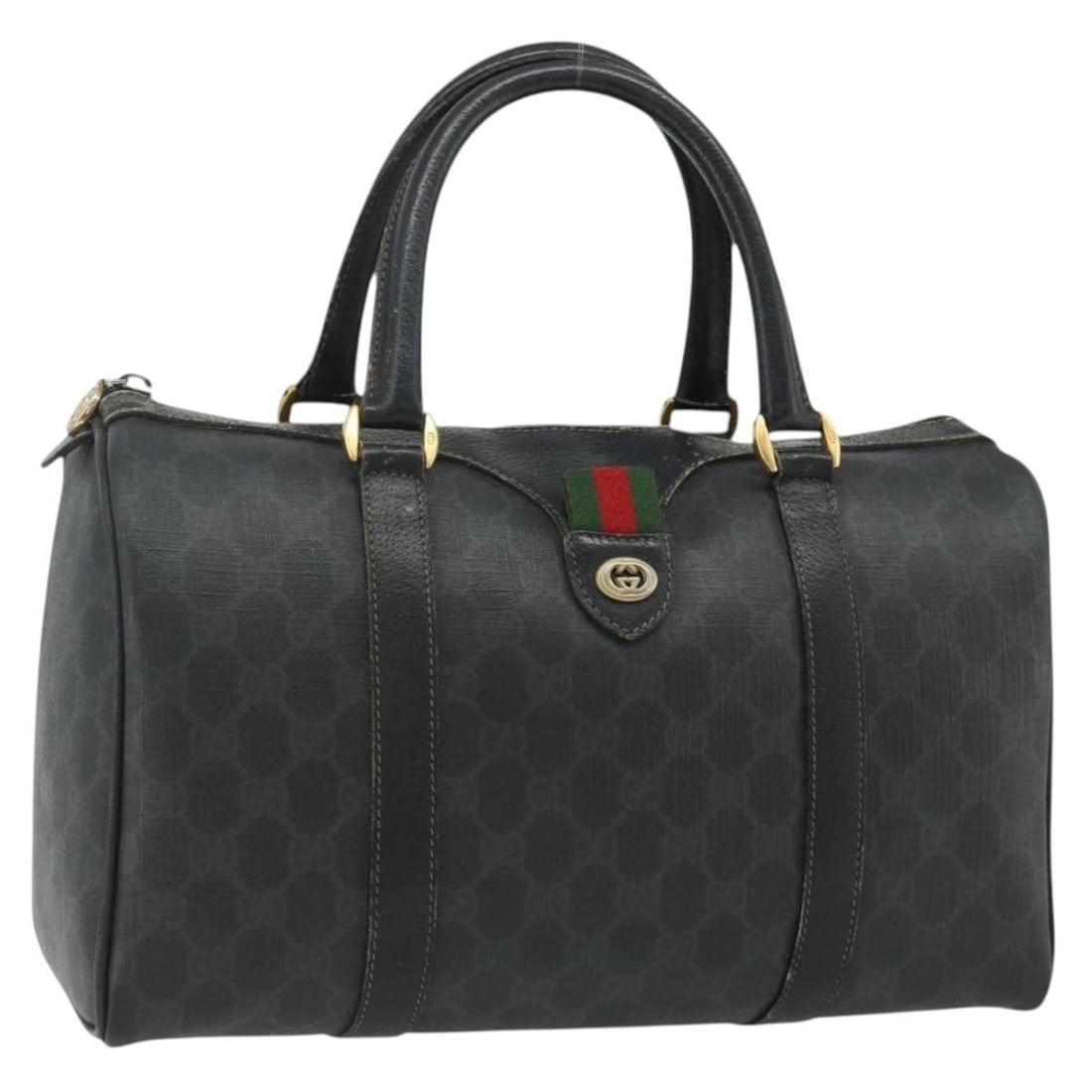 Gucci 40 02 007 GG Supreme Sherry Web PVC Handbag Black Gold: Gucci 40 02 007 GG Supreme Sherry Web PVC Handbag Black Gold This Gucci hand bag is made of PVC leather and GG canvas in black and gold. It was made in Italy and features a handle drop of approximatel
