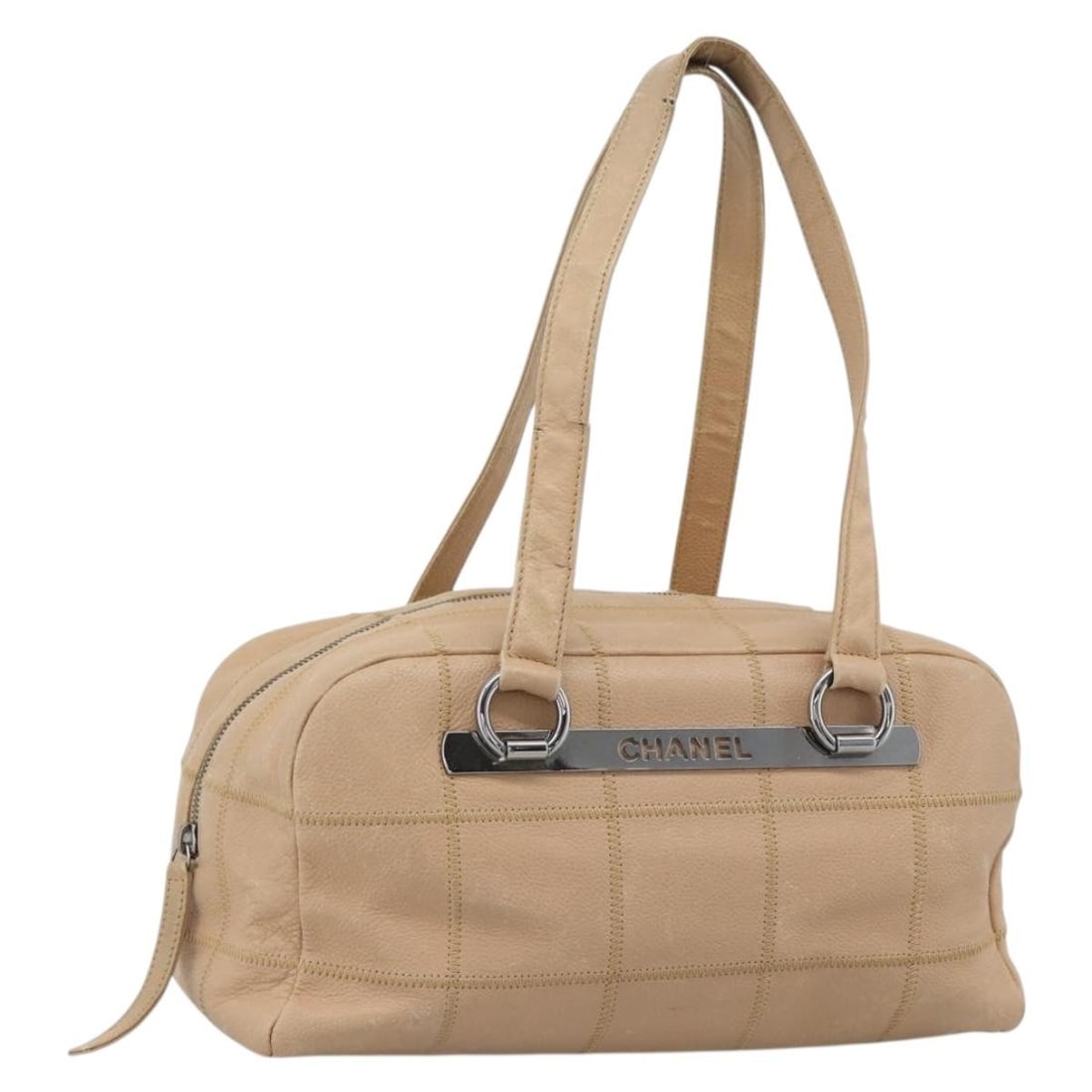 CHANEL Choco Bar Caviar Skin Shoulder Bag Beige Silver Tone: CHANEL Choco Bar Caviar Skin Shoulder Bag Beige Silver Tone Chanel Choco Bar shoulder bag in beige caviar skin with silver-tone CC detailing. Made in Italy, this women's shoulder bag includes only the