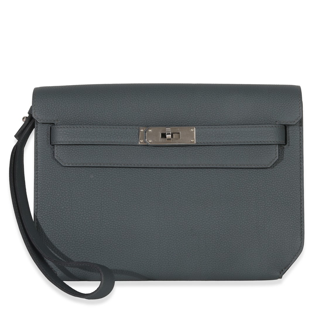 Hermes Kelly Depeche 25 Leather Pouch with PHW and Orange Blue Accents: Hermes Kelly Depeche 25 Leather Pouch with PHW and Orange Blue Accents This Hermes Kelly Depeche 25 pouch is crafted from Togo leather with a gray exterior and matching gray leather lining. Featuring 