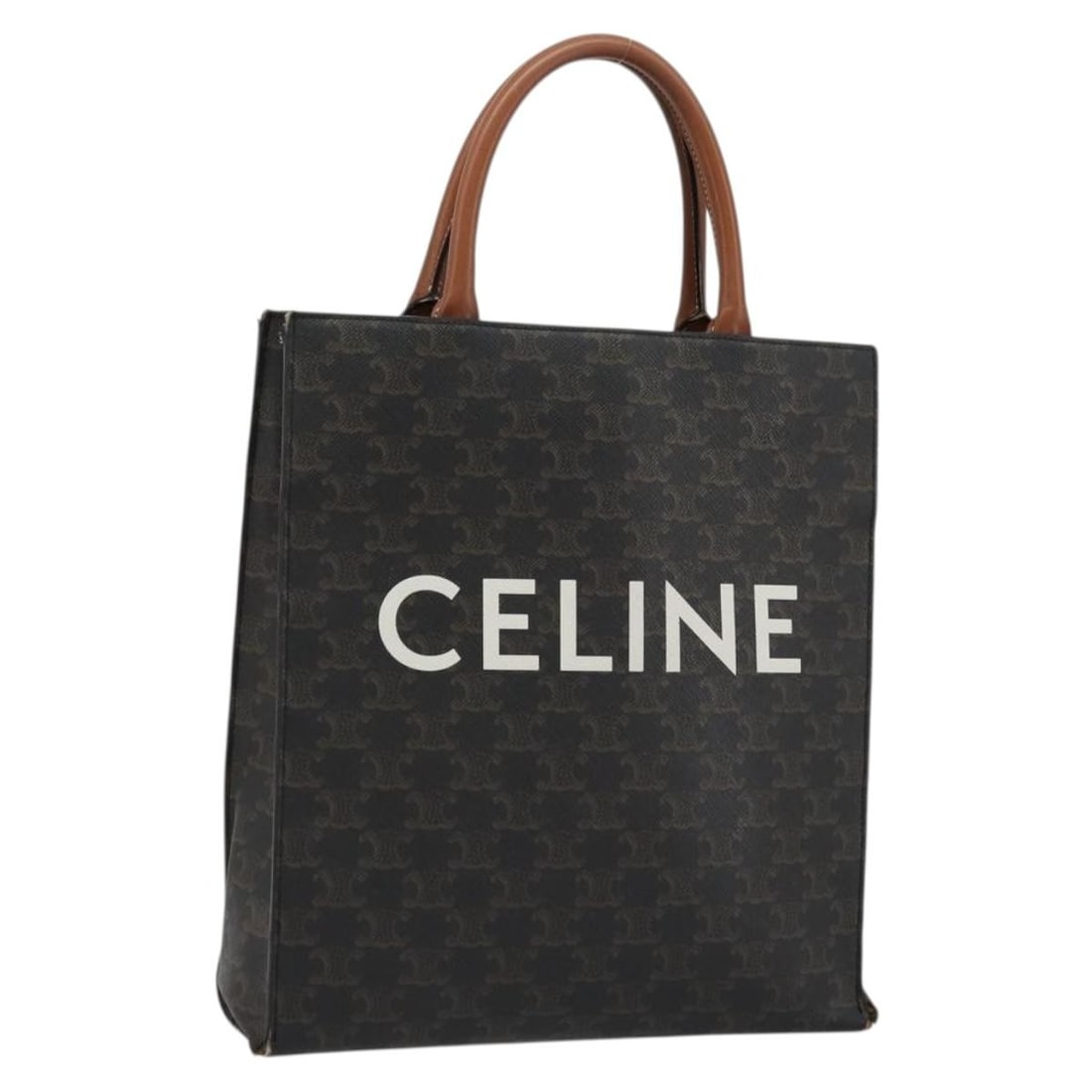CELINE Triomphe PVC Leather Vertical Tote Dark Brown Gold Italy: CELINE Triomphe PVC Leather Vertical Tote Dark Brown Gold Italy This CELINE Triomphe Canvas Vertical Cabas Tote Bag features a dark brown and gold exterior crafted from PVC leather. Designed for women