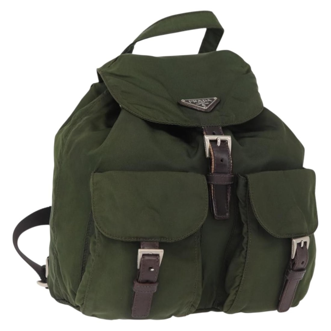 Prada nylon khaki silver women s backpack Italy 8.7 x 9.8 x 4.7 inch: Prada nylon khaki silver women s backpack Italy 8.7 x 9.8 x 4.7 inch This PRADA backpack is crafted from durable khaki nylon with silver-tone accents. Designed for women, it features a compact and fun