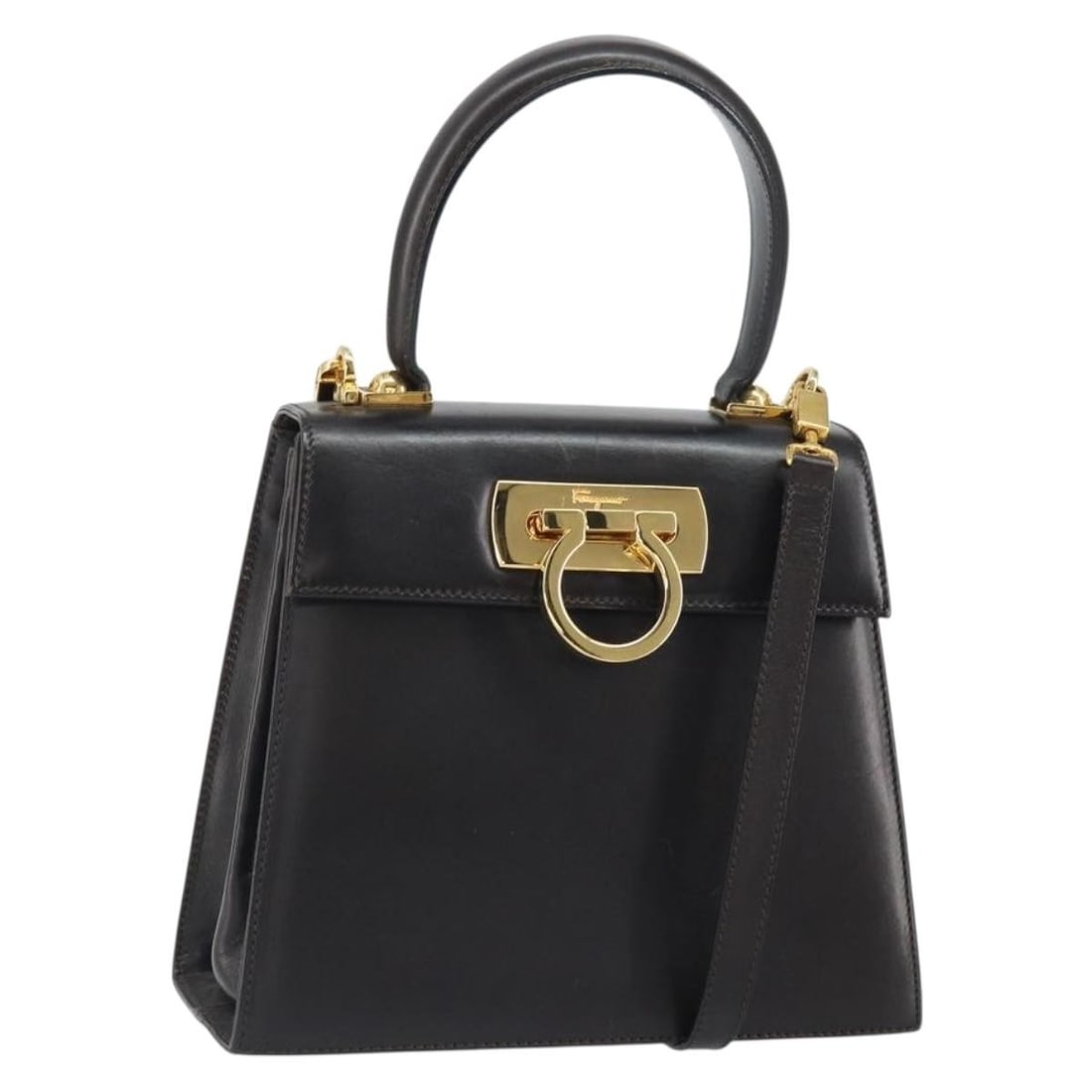 Leather 2way Hand Bag Salvatore Ferragamo Gancini Dark Brown: Leather 2way Hand Bag Salvatore Ferragamo Gancini Dark Brown Salvatore Ferragamo Gancini hand bag in dark brown and gold leather, made in Italy. This women's bag comes with a shoulder strap and featur