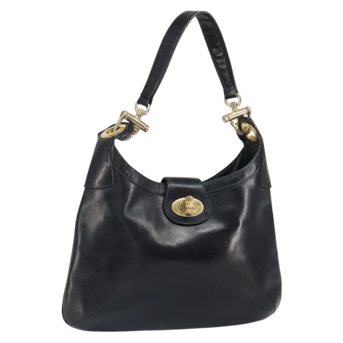 Black Leather CELINE Shoulder Bag with Gold Accents: Black Leather CELINE Shoulder Bag with Gold Accents This is a Celine shoulder bag crafted from black leather with gold-tone accents. The bag features a structured silhouette, a shoulder strap with a d