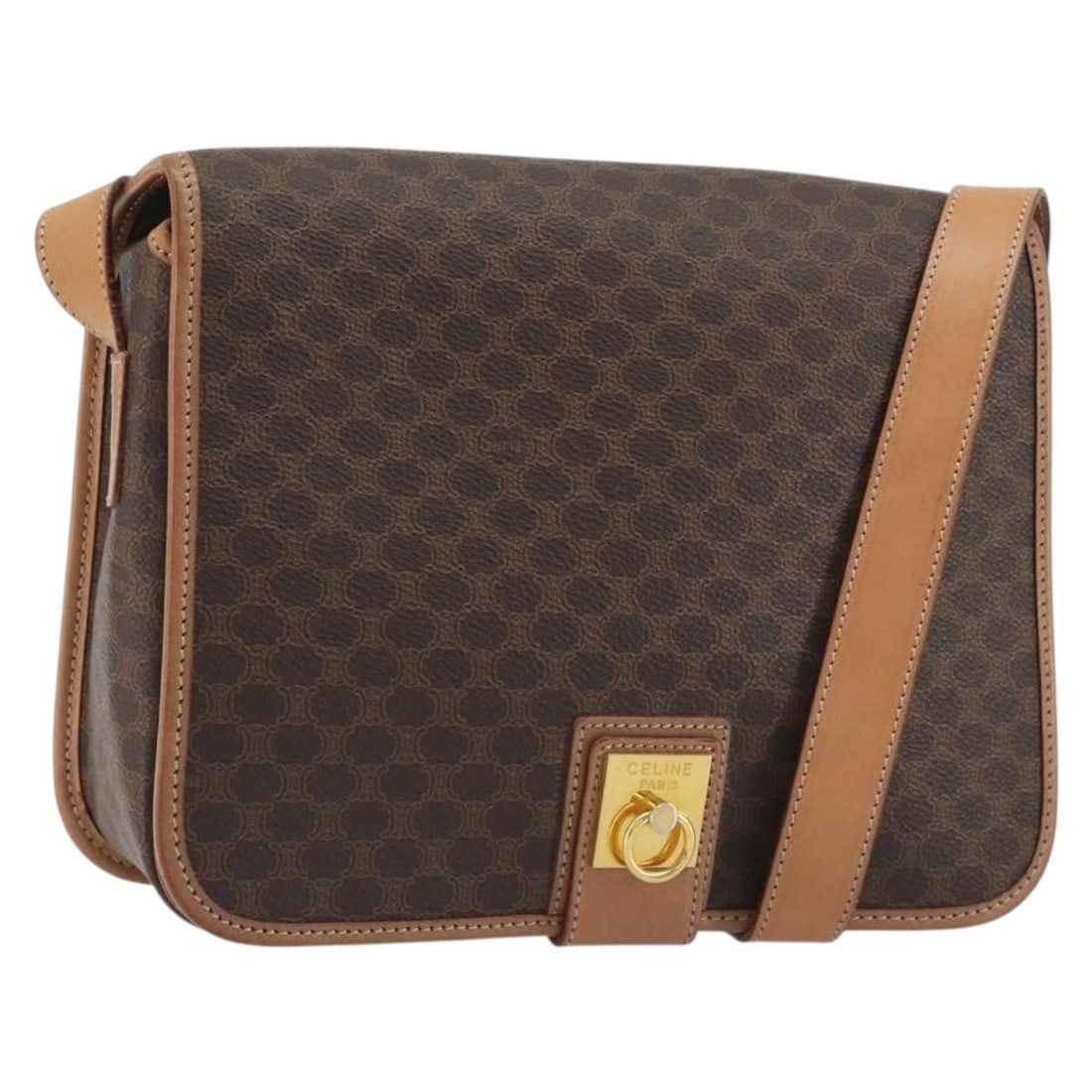 Celine Macadam Canvas Shoulder Bag Brown PVC Leather Gold Tone: Celine Macadam Canvas Shoulder Bag Brown PVC Leather Gold Tone A CELINE shoulder bag in brown and gold, crafted from PVC leather and Macadam canvas. Made in Italy, it features a shoulder strap with an