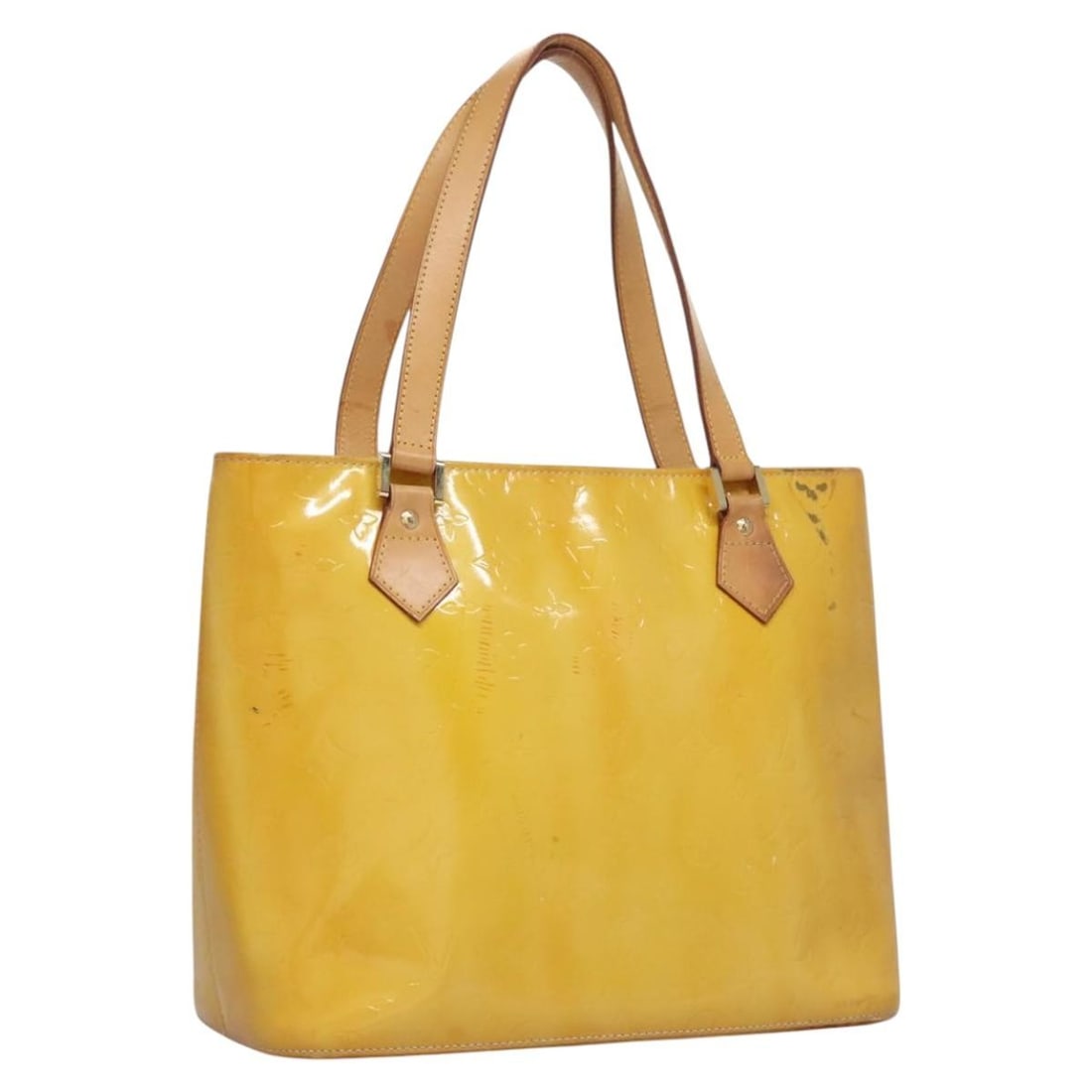 Louis Vuitton Houston Lime Yellow Patent Leather Monogram Vernis Handbag M91055: Louis Vuitton Houston Lime Yellow Patent Leather Monogram Vernis Handbag M91055 This Louis Vuitton Monogram Vernis Houston handbag in lime yellow patent leather features a structured silhouette with d