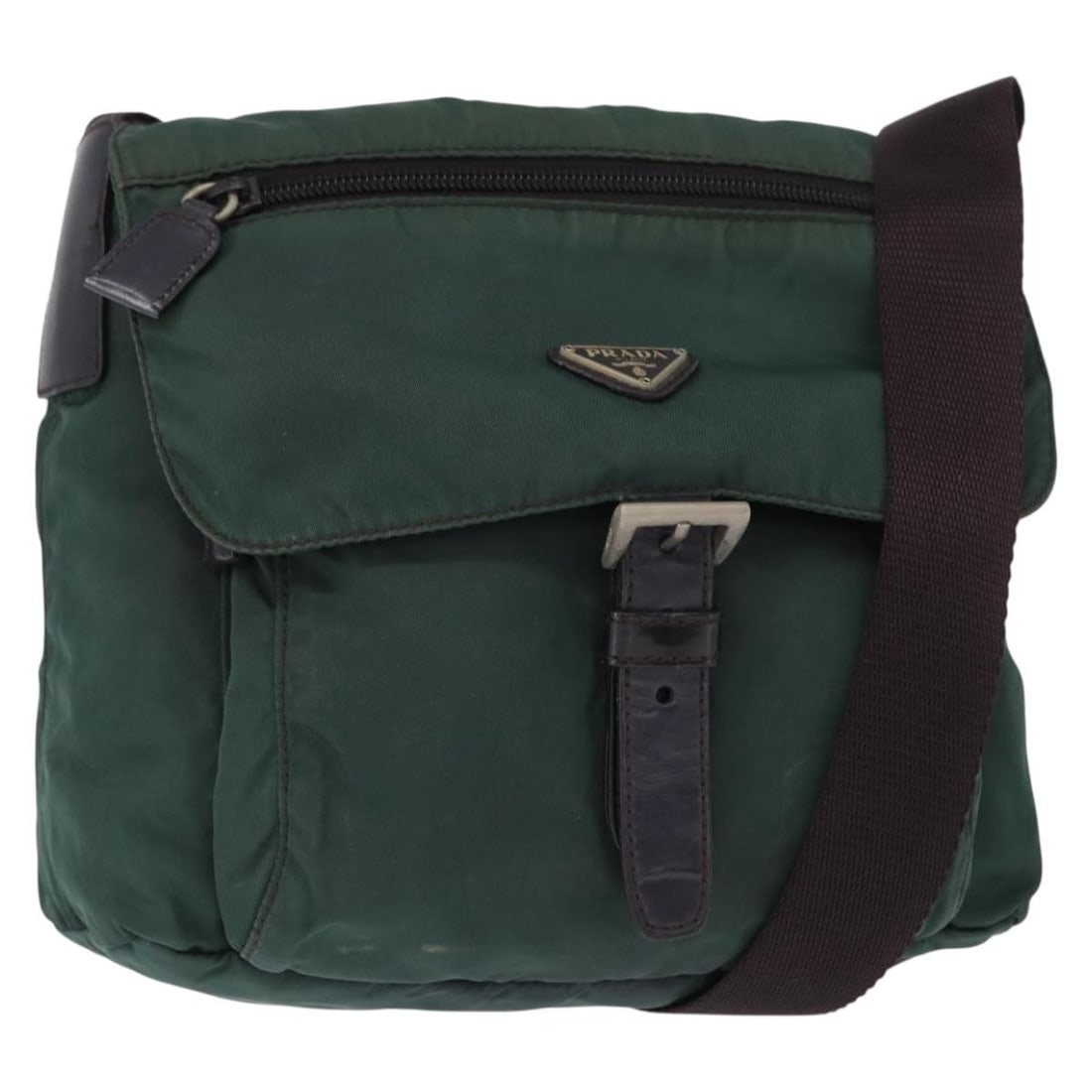 PRADA Green Nylon Shoulder Bag Silver Tone Hardware: PRADA Green Nylon Shoulder Bag Silver Tone Hardware This Prada shoulder bag is crafted from nylon in a green and silver color combination. It features a shoulder bag style, was made in Italy, and meas