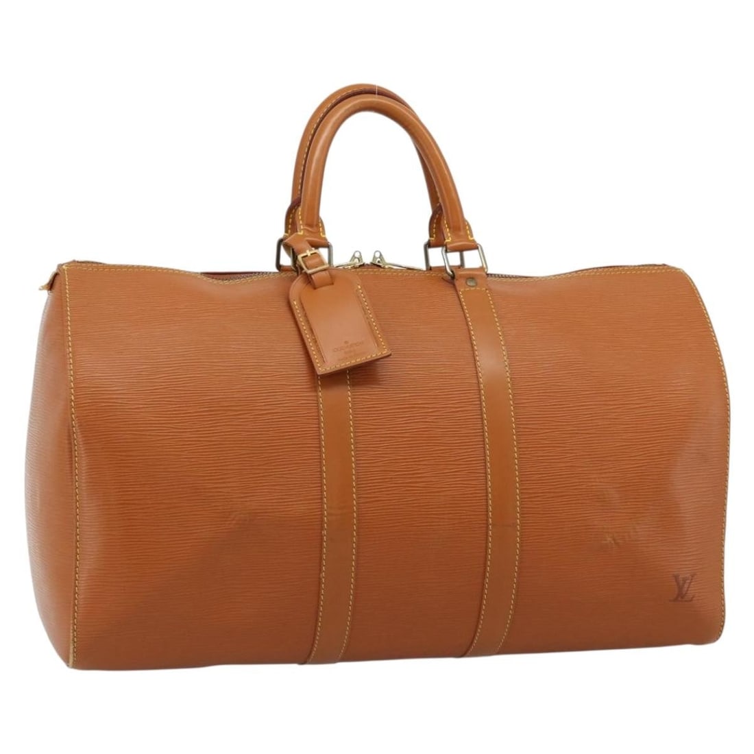 Louis Vuitton M42978 Epi Leather Boston Bag Brown Zipangu Gold: Louis Vuitton M42978 Epi Leather Boston Bag Brown Zipangu Gold Louis Vuitton Epi Keepall 45 Boston Bag in Brown/Zipangu Gold, made from Epi leather and made in France. It includes a name tag accessory