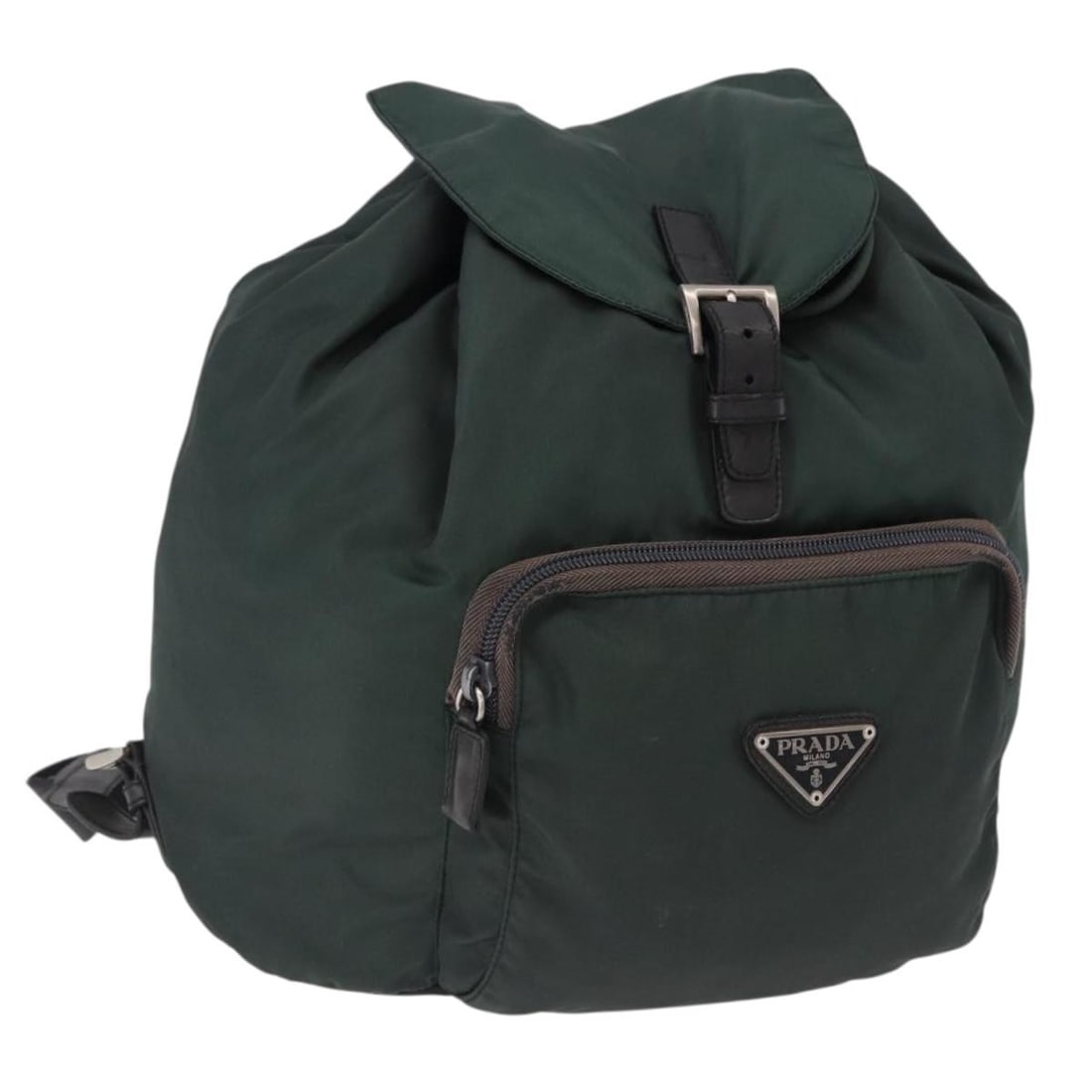 PRADA Green Nylon Backpack Silver Tone Italy: PRADA Green Nylon Backpack Silver Tone Italy Green and silver nylon backpack in heavily used condition. Made in Italy, it features the listed condition details including out of shape areas, rubbing, s