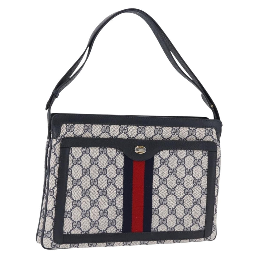 Gucci GG Supreme PVC Leather Shoulder Bag Navy Gold Tone Italy: Gucci GG Supreme PVC Leather Shoulder Bag Navy Gold Tone Italy Gucci GG Supreme shoulder bag in navy with gold-tone accents, made from PVC leather and crafted in Italy. The bag measures approximately 