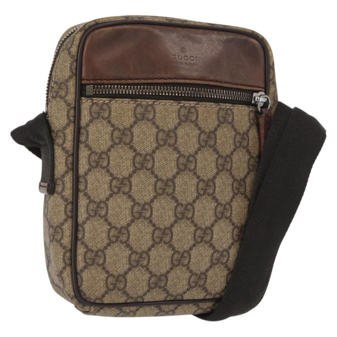 Beige Silver GG Supreme Shoulder Bag by Gucci PVC Leather Italy: Beige Silver GG Supreme Shoulder Bag by Gucci PVC Leather Italy This GUCCI GG Supreme shoulder bag features a beige and silver color scheme and is crafted from PVC leather and GG canvas. Designed for 
