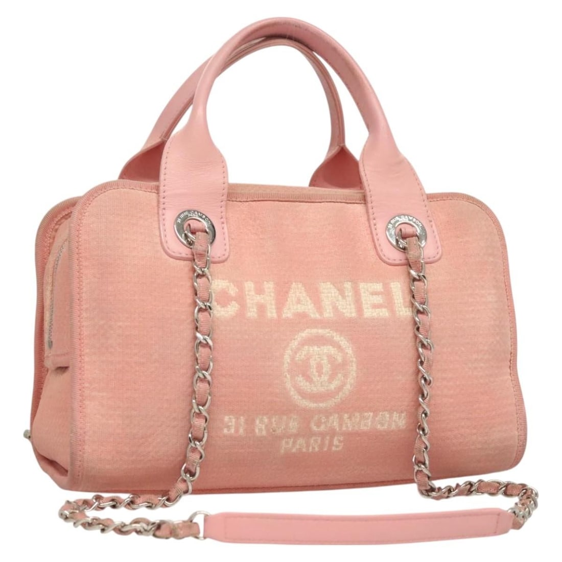 CHANEL 2way Canvas Leather Hand Bag Pink Silver CC: CHANEL 2way Canvas Leather Hand Bag Pink Silver CC CHANEL hand bag in pink and silver canvas with a 2-way design. Made in Italy, this women's bag measures approximately 27 cm W x 16 cm H x 11 cm D, wi