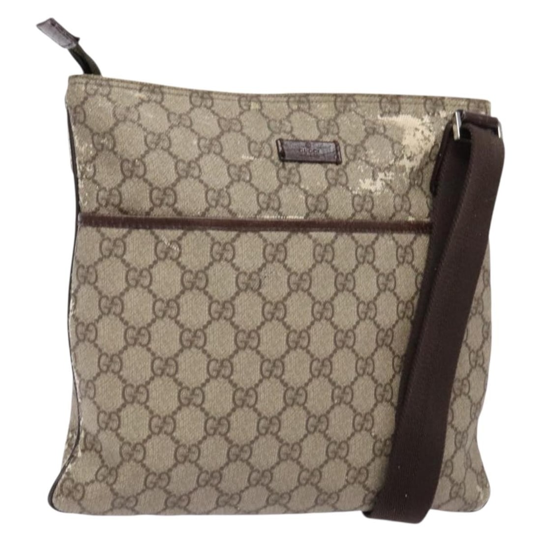 GUCCI GG Supreme Beige Gold PVC Shoulder Bag 141626 Auth: GUCCI GG Supreme Beige Gold PVC Shoulder Bag 141626 Auth This GUCCI GG Supreme Shoulder Bag is a stylish accessory crafted from durable PVC leather in a chic beige and gold color scheme. Designed for 