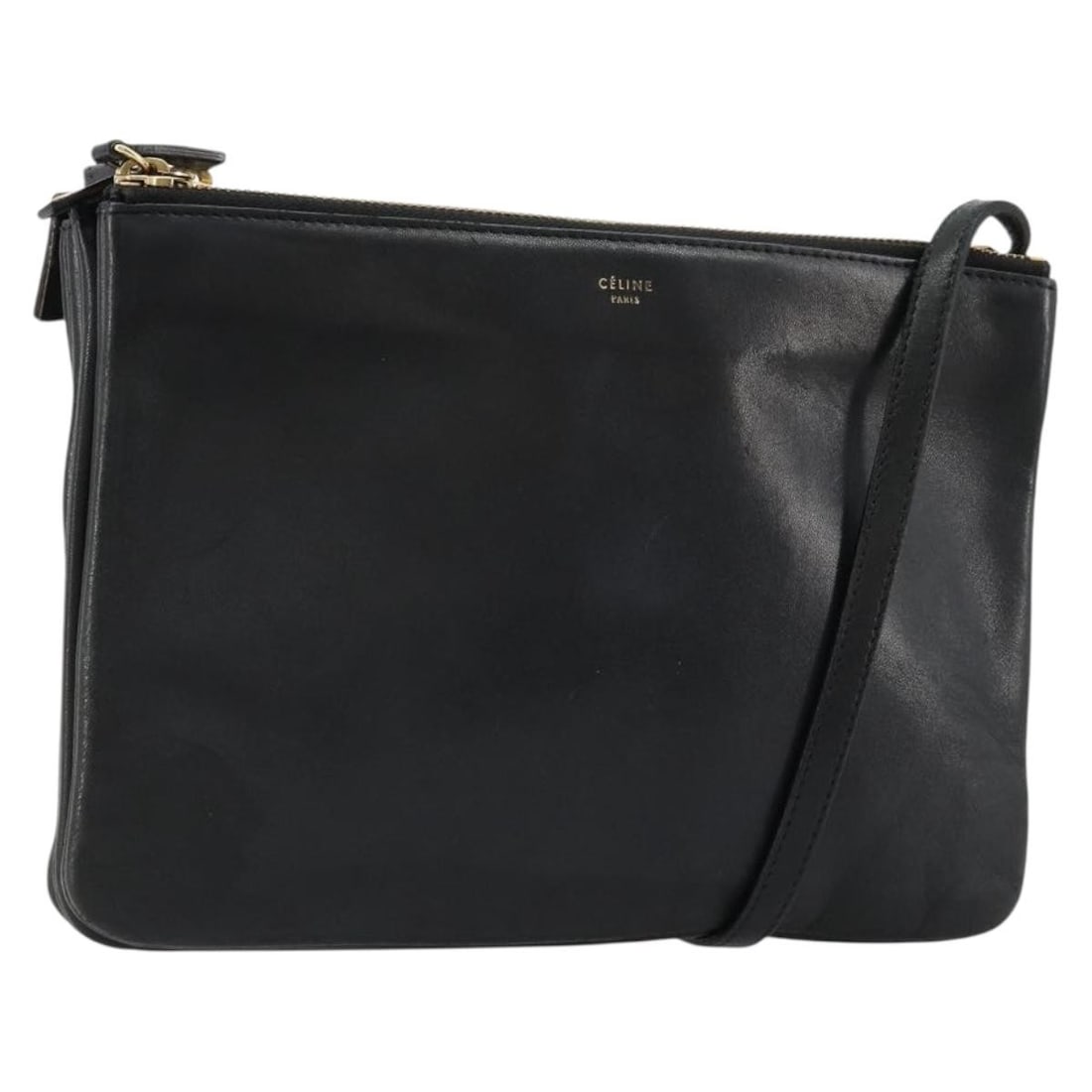 Celine Trio Black Leather Shoulder Bag Gold Tone Hardware: Celine Trio Black Leather Shoulder Bag Gold Tone Hardware A CELINE Trio shoulder bag in black leather with gold-tone hardware. Made in Italy, this shoulder bag measures approximately W24 x H17 x D3 cm