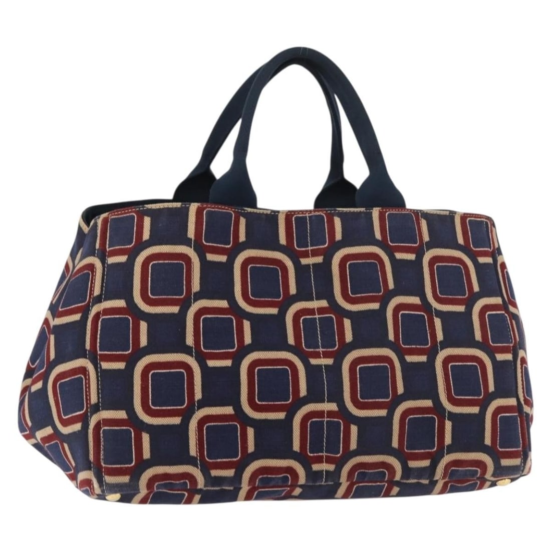 PRADA Canapa L Canvas Handbag Navy Gold Tone: PRADA Canapa L Canvas Handbag Navy Gold Tone Prada Canapa L hand bag in navy and gold canvas, made in Italy. This women's handbag measures approximately 40 cm W x 25 cm H x 25 cm D, with a handle drop