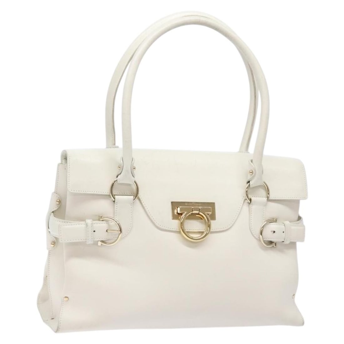 White Gold Leather Hand Bag Salvatore Ferragamo Gancini Auth 137663: White Gold Leather Hand Bag Salvatore Ferragamo Gancini Auth 137663 Salvatore Ferragamo Gancini hand bag in leather with a white and gold color scheme. Made in Italy, this women's bag features a struc