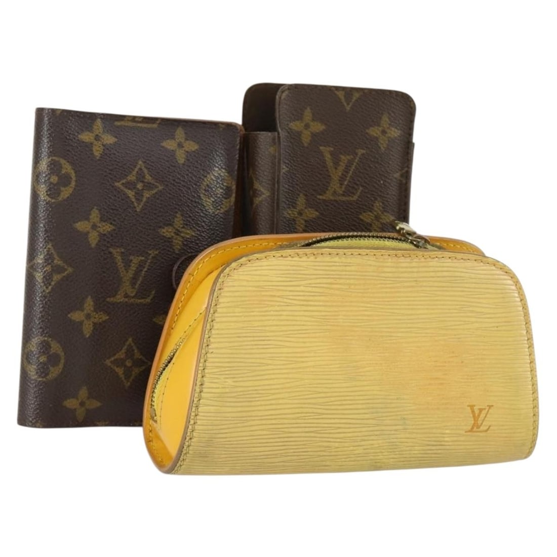 Set of 3 Louis Vuitton Yellow Monogram Canvas Epi Pouches: Set of 3 Louis Vuitton Yellow Monogram Canvas Epi Pouches This is a set of three Louis Vuitton pouches crafted from signature Monogram canvas with yellow detailing. Made in France, these pouches displ