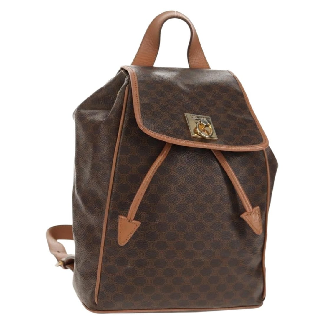 CELINE Brown Gold PVC Leather Macadam Canvas Backpack Italy: CELINE Brown Gold PVC Leather Macadam Canvas Backpack Italy This Celine Macadam Canvas Backpack combines stylish design and practical functionality, featuring a luxurious PVC leather exterior in a ric