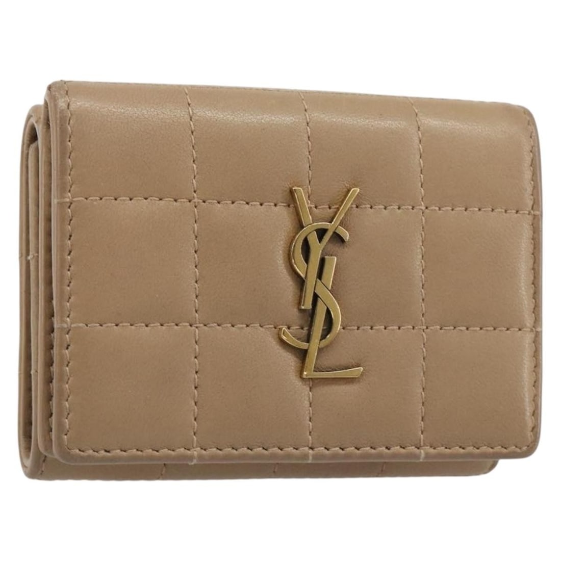SAINT LAURENT Leather Wallet Beige Gold Tone Italy: SAINT LAURENT Leather Wallet Beige Gold Tone Italy Beige leather wallet by Saint Laurent with gold-tone accents. Made in Italy, this women's wallet is offered in heavily used condition with visible we