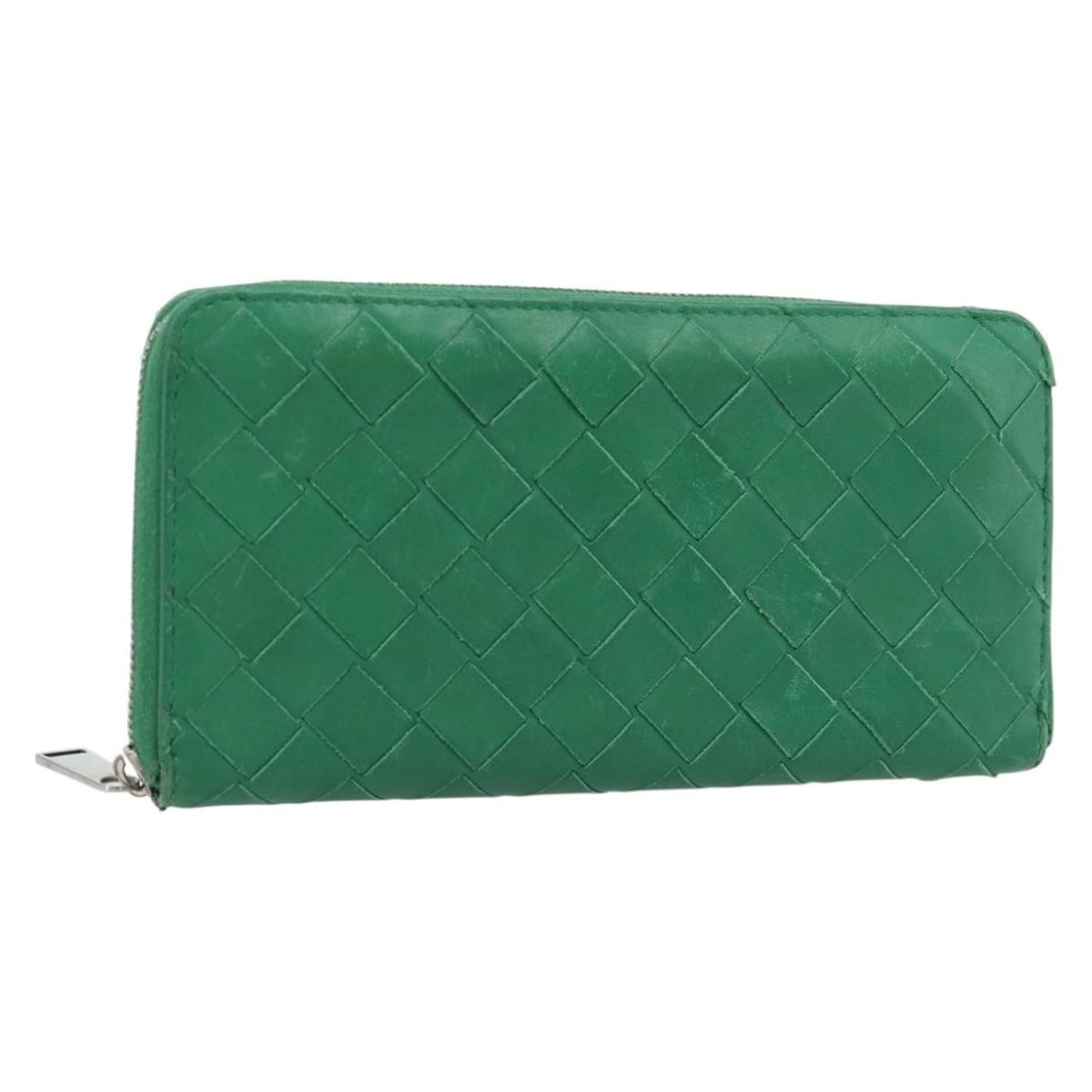 Bottega Veneta Intrecciato Leather Long Wallet Green Silver Italy: Bottega Veneta Intrecciato Leather Long Wallet Green Silver Italy This is a Bottega Veneta Intrecciato long wallet in green leather with silver-tone metal fittings. It is made in Italy and measures ap