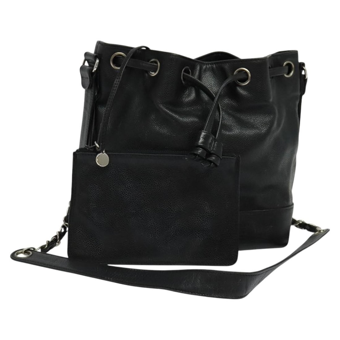 CHANEL Caviar Skin Shoulder Bag Black with Silver CC Pouch: CHANEL Caviar Skin Shoulder Bag Black with Silver CC Pouch Chanel shoulder bag in black caviar skin with silver-tone CC detailing. Made in Italy, this women's bag includes a pouch. Condition is heavil