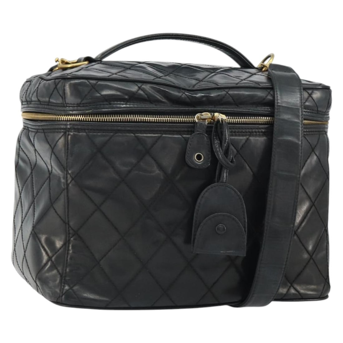 CHANEL Vanity Patent Leather Hand Bag with Shoulder Strap Black: CHANEL Vanity Patent Leather Hand Bag with Shoulder Strap Black Black CHANEL vanity handbag in patent leather with a 2-way design. It includes a shoulder strap and was made in Italy. The bag is descri