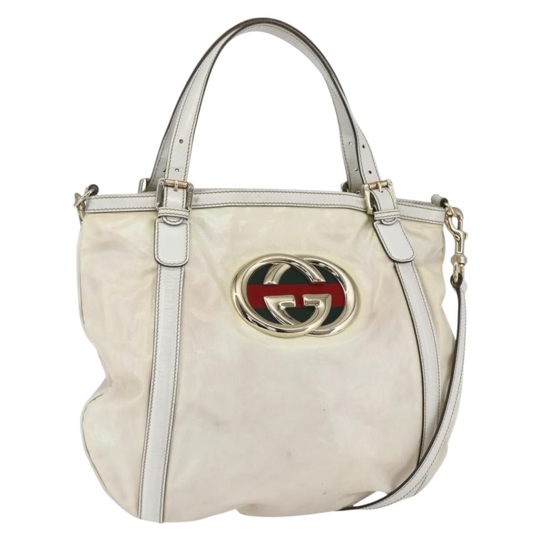 GUCCI Web Sherry Line Britt Tote Bag Coated Canvas White Gold Auth 162886: GUCCI Web Sherry Line Britt Tote Bag Coated Canvas White Gold Auth 162886 This authentic GUCCI Web Sherry Line Britt Bag is a stylish tote crafted from durable coated canvas in a chic white and gold c