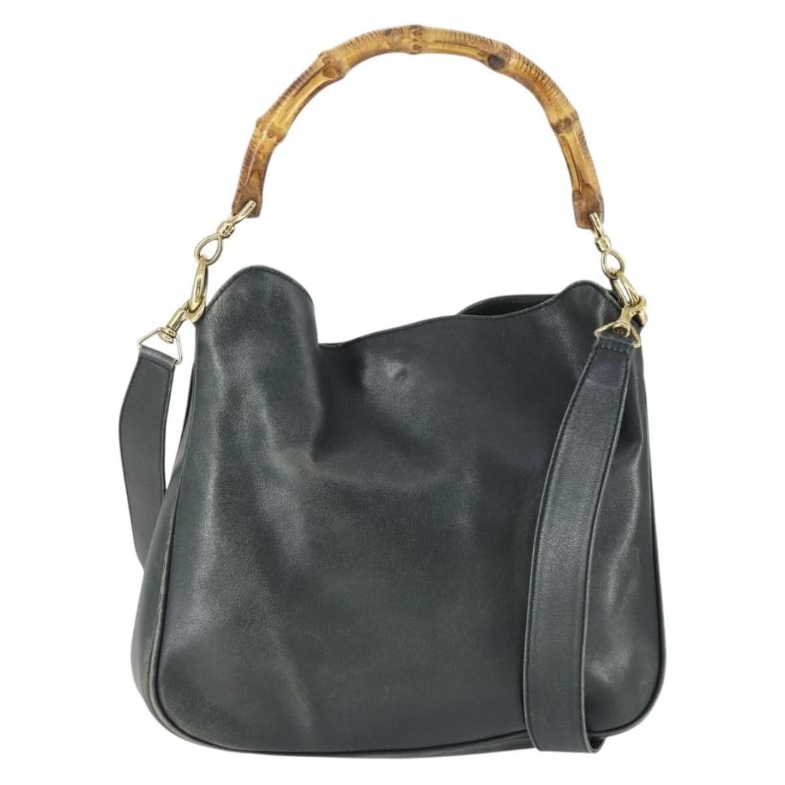 Black Leather GUCCI Bamboo 2way Shoulder and Handbag with Gold Hardware 001 2113 1638: Black Leather GUCCI Bamboo 2way Shoulder and Handbag with Gold Hardware 001 2113 1638 This is a GUCCI Bamboo 2-way hand bag crafted from leather in black and gold. The bag features both a handle and a