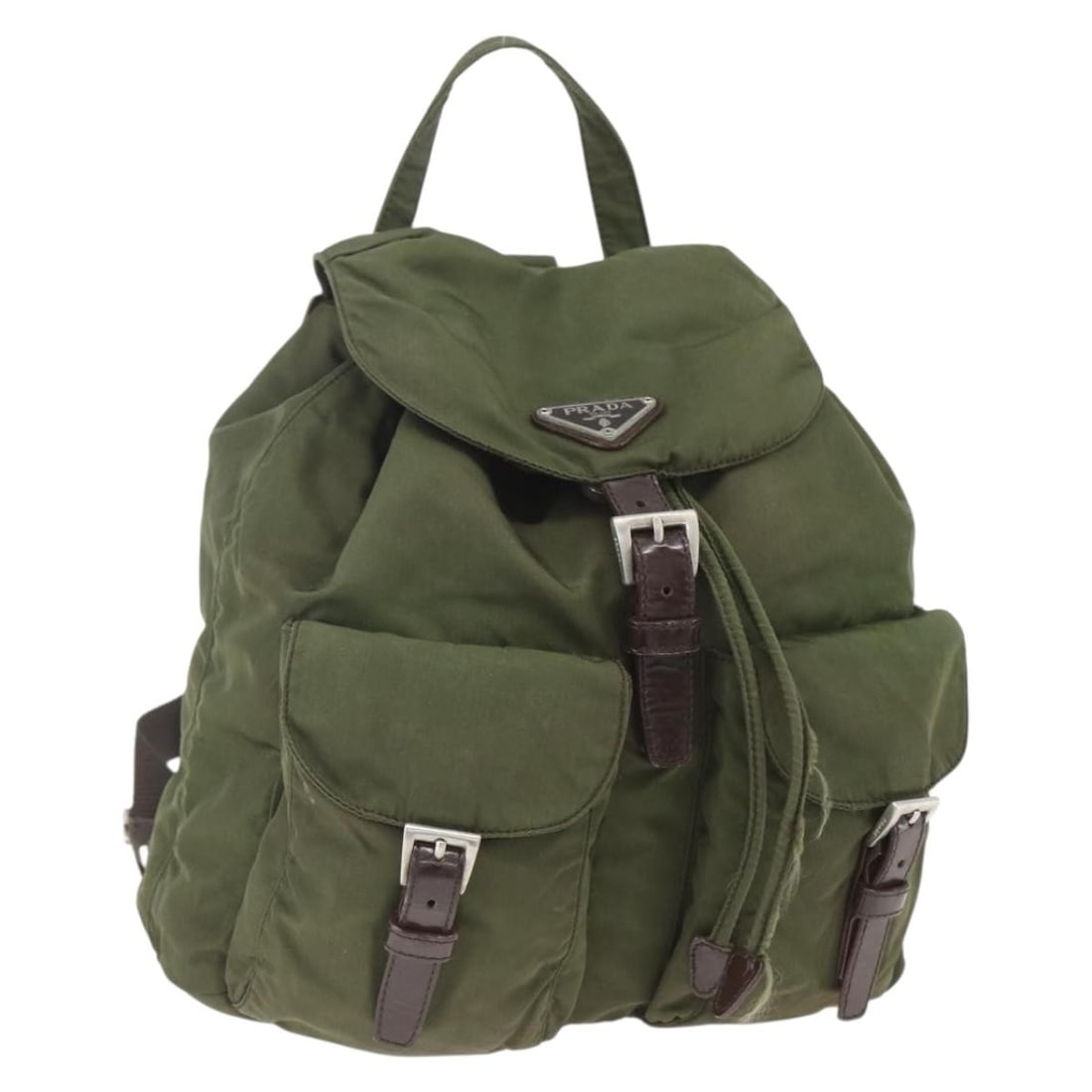 PRADA Nylon Khaki Silver Backpack Italy: PRADA Nylon Khaki Silver Backpack Italy This PRADA women's backpack is crafted from durable nylon in a khaki and silver color scheme. Made in Italy, it features a compact design with a height of appro